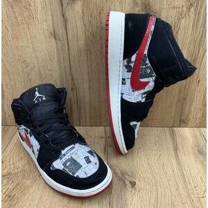 Nike Air Jordan 1 Mid SE GS Newspaper Air Times  Black Red Sneakers Size 6